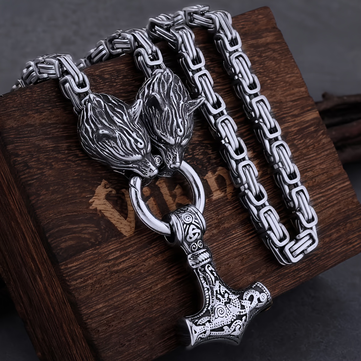 Men's Viking Wolf Head Hammer Pendant Necklace Punk Style Animal Theme
